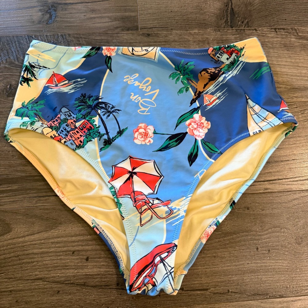 Old Navy High Waisted Bikini Bottoms Blue‎ Bon Voyage Beach Scene Print Large
